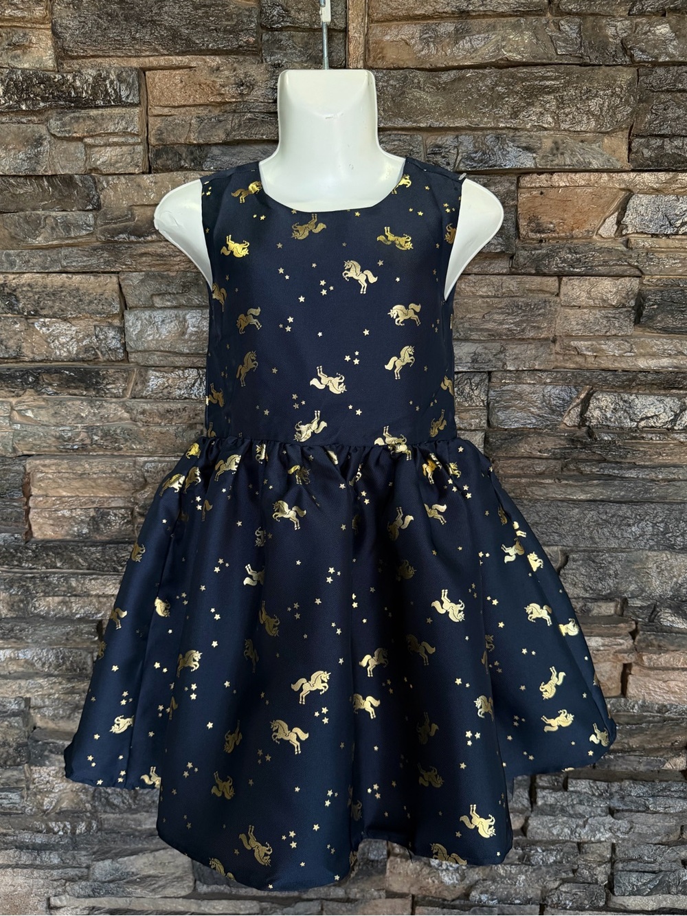 Girls' Navy Dress with Gold Unicorns - Sleeveless Party